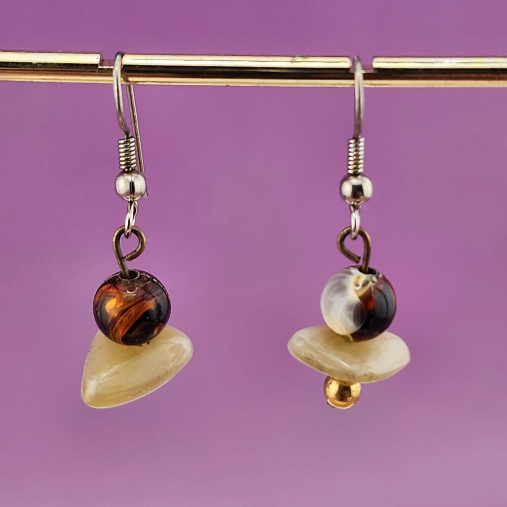 Brown Swirl Bead Cream Shell Look Disc Dangle Earrings Boho Beach